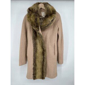 Anthropologie Elevenses Faux Fur Ruffle Overcoat Womens Size 6 Wool Blend